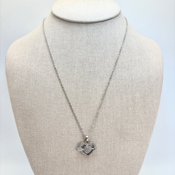 Silver Plated Heart & Arrow Pendant Cubic Zirconia Accent Stones 20" Adjustable - Picture 1 of 16